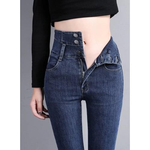 High waist double breasted Jeans Korean Female Feet Pencil Pants blue Women Jeans Elastic Denim Trousers Plus Size Skinny jeans