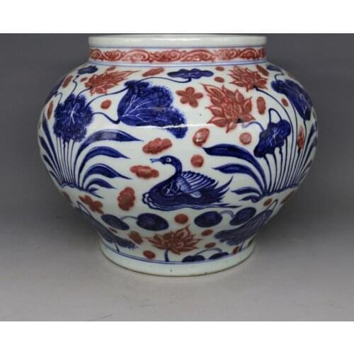 Antique Chinease YuanDynasty porcelain Jar,Blue&red pot, pond pattern,crafts, Decoration,collection & adornment, Free shipping