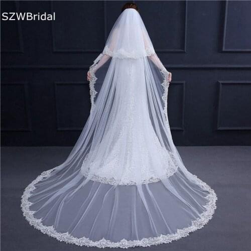 New Arrival Lace Appliques Two Layer Bridal veils Velo de novia Wedding accessories Sexy Cathedral Wedding Veil Casamento
