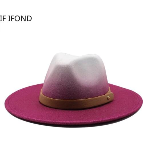 Women Men Vintage Felt Fedora Hat Wide Brim Gentleman Elegant Gradient Rose Wool Trilby Hat Winter Jazz Caps
