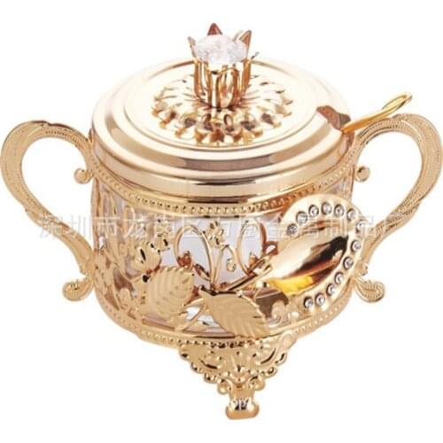Kitch European style glass sugar cup with lid, metal seasoning pot single for household salt cup seasoning pot, kitchen supplies