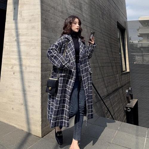 Korean Fashion Plaid Wool Blend Coats Womens Autumn Long Casual Loose Winter Warm Woolen Jacket Coat Woman Vintage Woolen Coats