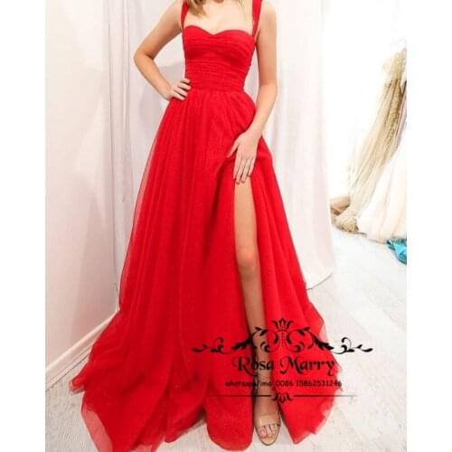 Red Long Prom Dresses for Women 2021 A Line High Split Cheap Tulle Skirt Vestido De Fiesta De Boda Formal Evening Party Gowns