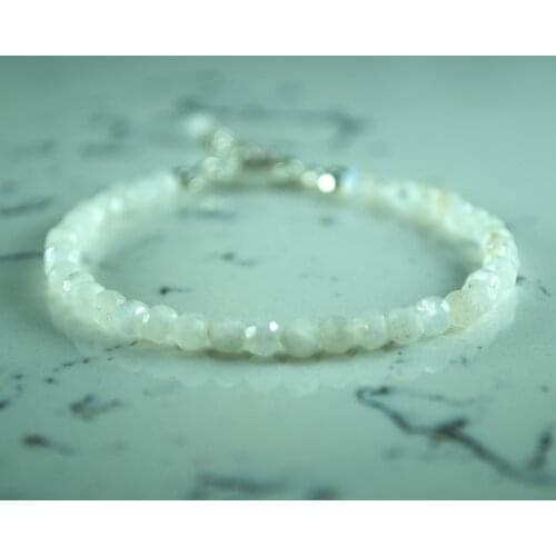 Tiny Moonstone Bracelet, White Gemstone Bead, 925 Sterling Silver Jewelry for Women, Hand Made in TURKEY