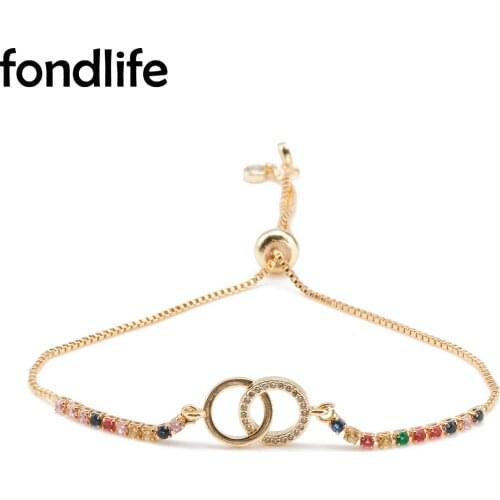 Cubic Zirconia Stones Two Intersectant Linked Circle Charm Bracelet Women Gold-plated Brass CZ Handcuff Red Rope Jewelry Present