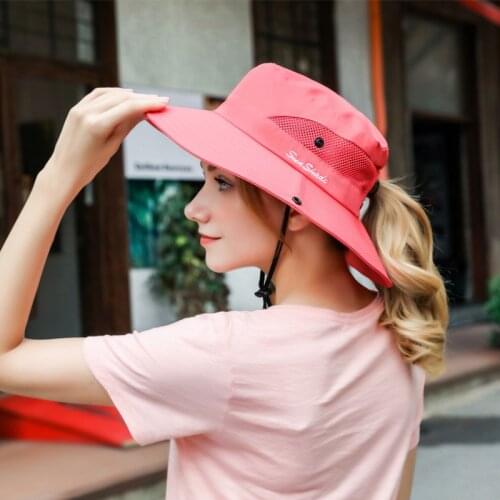 Summer Women Ponytail Bucket Hat Wide Brim UV Protection Sun Hats For Female Breathable Mesh Hiking Hat Outdoor Beach Caps
