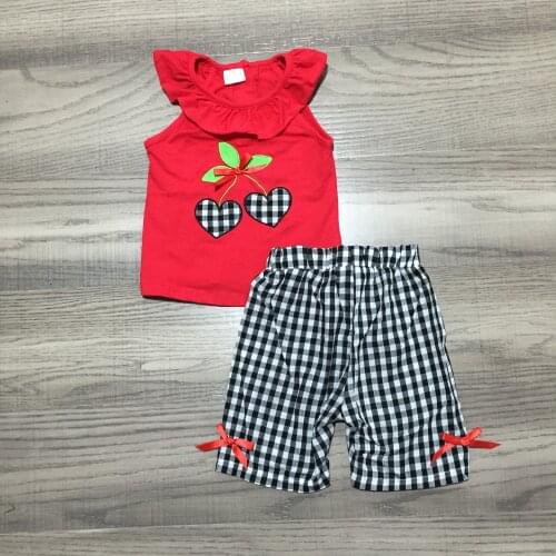 Girlymax Summer Baby Girls Children Clothes Outfits Plaid Gingham Shorts Sleeveless Cherry Top Cotton Kids Clothing