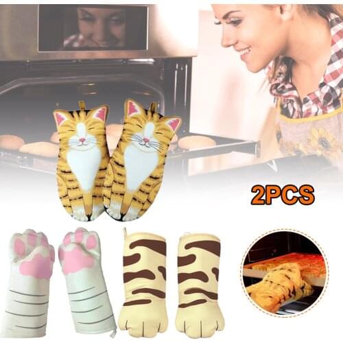 2PC Cute Cartoon Cat Paws Oven Mitts Long Cotton Baking Insulation Microwave Heat Resistant Non-slip Gloves Bakeware Oven Mitts