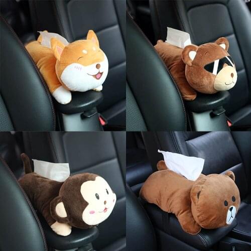 Cartoon Plush Armrest Car Tissue Paper Box Cute Auto Seat Back Hanging Paper Tower Storage Box Napkin Container Home