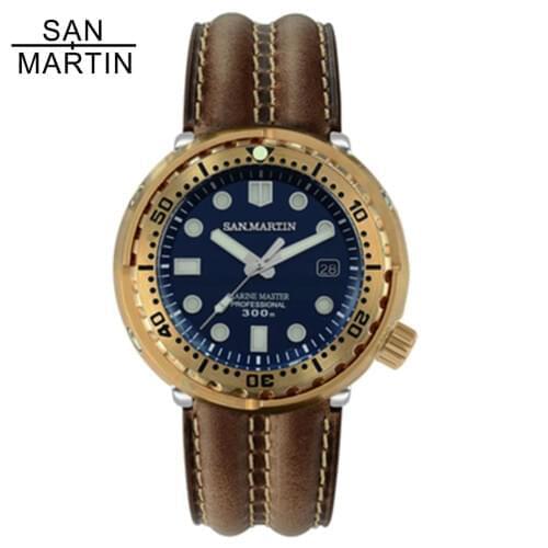 San Martin Bronze Tuna SBBN015 Mens Automatic Watch 300M Waterproof Genuine Leather Sapphire Crystal Male watches montre homme