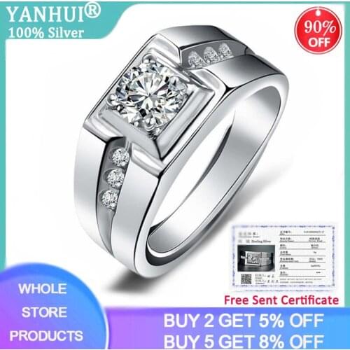 With Certificate Fine Male Ring 925 Sterling silver Cubic Zirconia Enagement Wedding Band Rings for Men Finger Ring Jewelry Gift