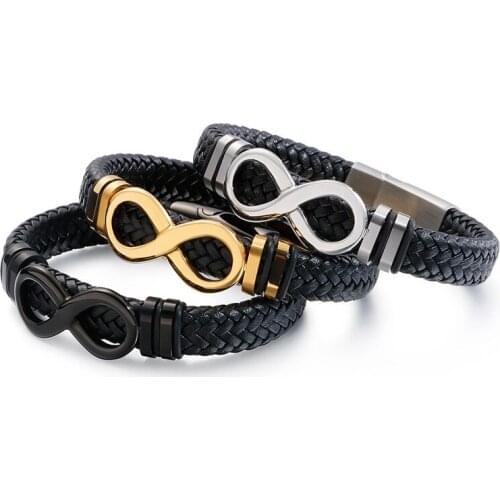 Cowhide woven multi-layer mens leather bracelet retro stainless steel eight-character leather rope bracelet