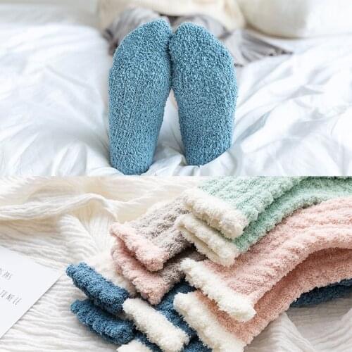 Soft Stripe Socks Coral fleece Bed Floor Thicken Solid Color Sock Fluffy Winter Warm Breathable Pure Sleeping Sock For Women