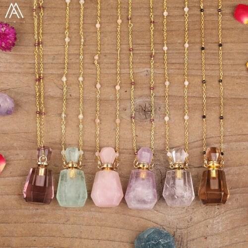 Natural Fluorite Stone White Quartz Perfume Bottle Pendant Necklace Women Faceted Gemstones Gold Essential Oil Diffuser Jewelry