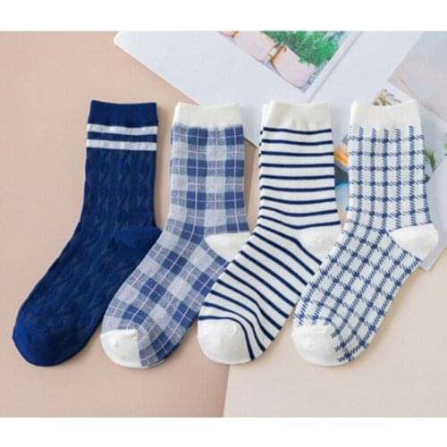 Pure Cotton Blue Striped Socks Female Autumn And Winter Ins Wind Trend Wild British Style Plaid Stockings