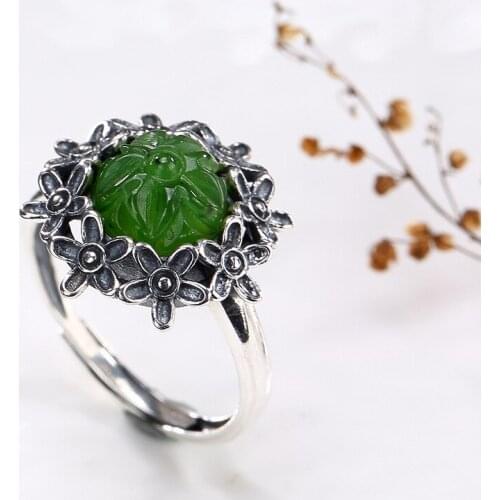 New Arrival silver S925 pure silver antique mosaic and jade jade Mei Flower lady high-end open ring ring wholesale