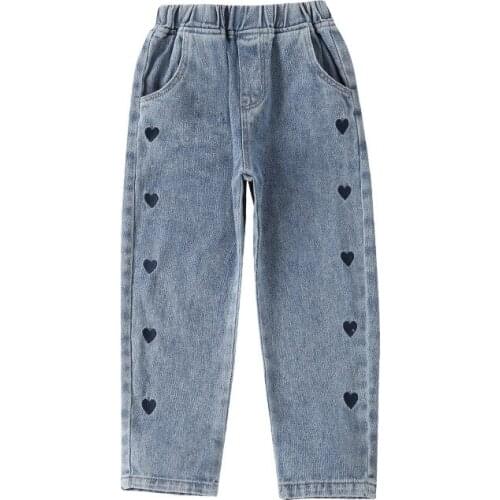 Autumn Trousers Baby Girls Jeans Print Heart Loose Children Jeans Kids Spring Clothes Novelty Denim Pants With Pocket Harlan New