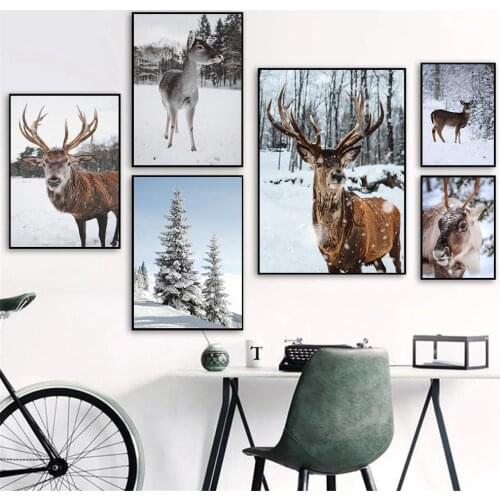 Scandinavian Winter Deer Yak Poster And Print Nature Landscape Canvas Painting Animal Wall Art Picture Nordic Style Home Decor