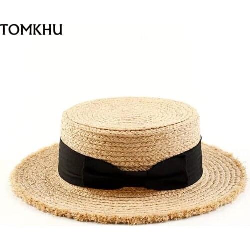 Hot Sale Handmade Women Summer Sun Caps Beach Travel Raffia Panama Straw Hat Black Ribbon Temperament Flat Straw Hats Outdoor