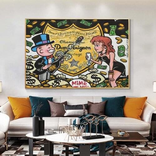 Modern Champagne Money Canvas Painting Alec Monopoly Poster and Print Wall Street Art Picture for Living Room Home Decor Cuadro