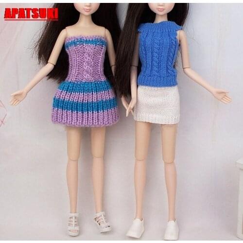 Knitwear Blue Top White Skirt Off-shoulder Dress Clothes For Barbie Doll Outfits Clothing Winter Warm Sets Best Gifts for Girls
