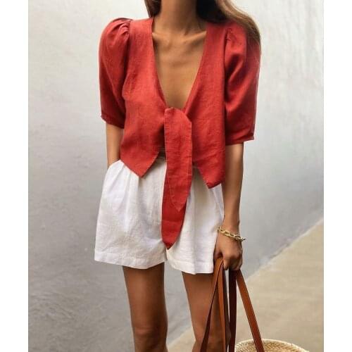 Ss4030 Casual Cotton Blouse Womens Style Bubble Sleeve Lace Up Top Cardigan Shirt