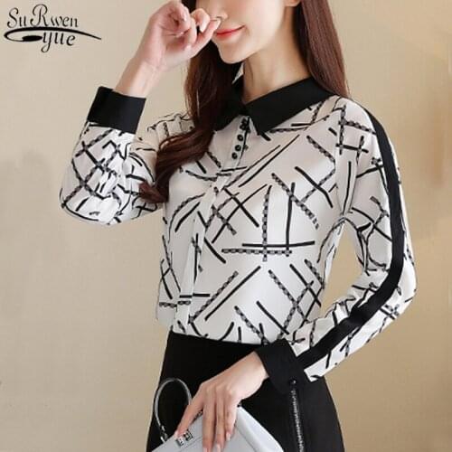 2021 Autumn New Korean Style All-match Slim Design Women Shirt Elegant Printing Color Contrast Long Sleeve Chiffon Blouse 10757