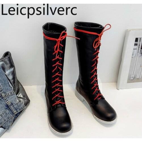 Womens Boots The New Winter Color matching Round head Lace-up Low-heeled Middle tube Martin boots Womens shoes plus size 34-46