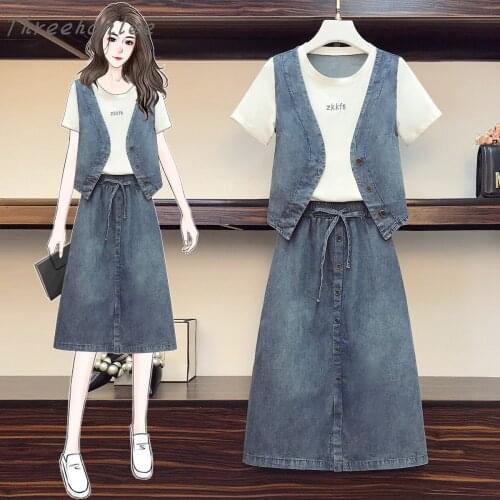Plus Size Womens Summer New Fashion Casual Denim Suit Short Sleeve Stitching Top Small Half Length Dress Two Piece Set