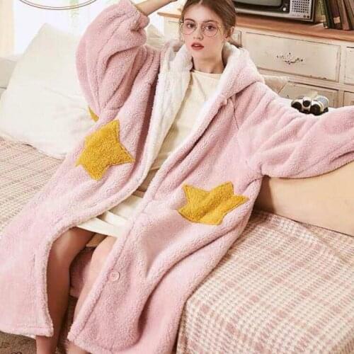 ZuoLunOUBa 2019 Womens pink flannel shake velvet robe autumn and winter thick warm long-sleeved star pocket home service women