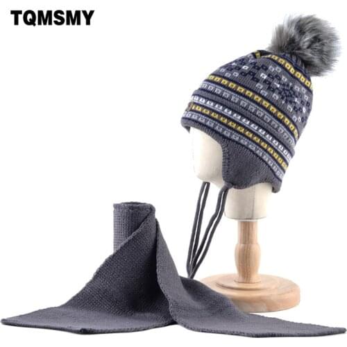 Winter Warm Hat For boys Knitted wool Scarf Lovely Kids Beanies With Imitation Fur Pompom Thick Ear Flap Caps Children Sets