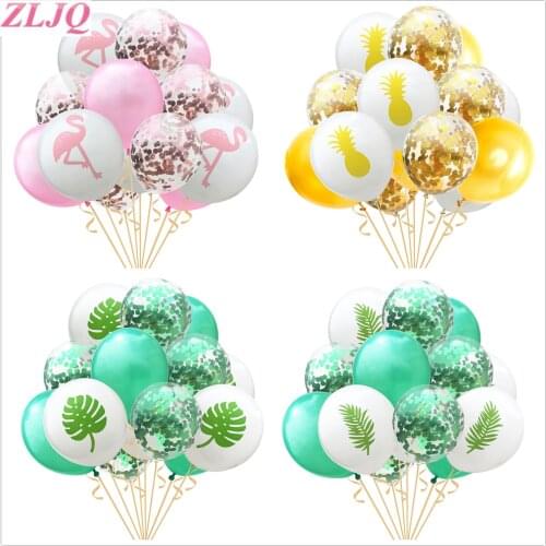 ZLJQ Hawaii Party Balloon Flamingo Tropical Leaf Pineapple Multi Balloons with Round Confetti for Wedding Party Decorations