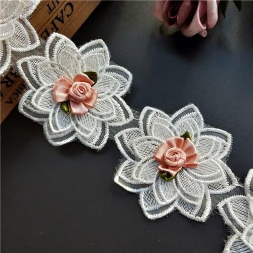 1yard White 3D Rose Flower Embroidered Lace Trim Applique Trimming Ribbon Fabric Sewing Craft Handmade Wedding Decoration 7cm
