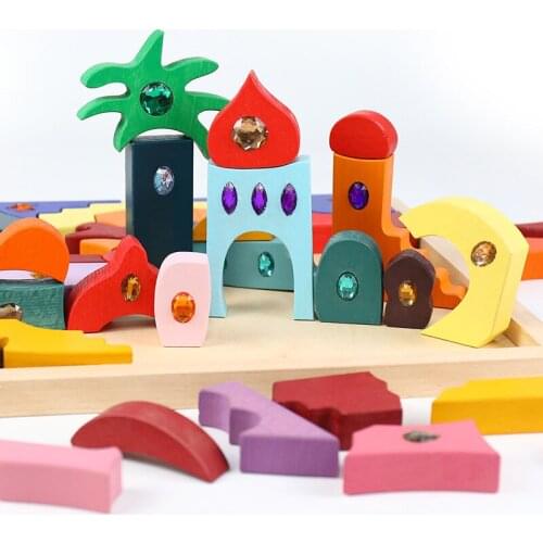 2021 New Arrival Kids Luxury Wooden Building Blocks Brick Castle Creative Puzzle Baby Early Educational Great Girl Gift Toy