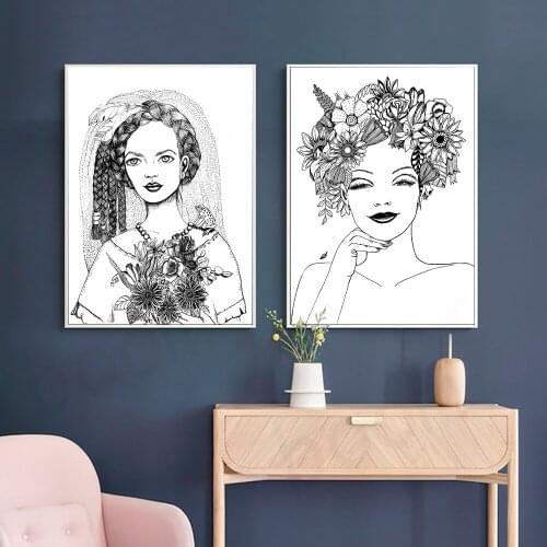 Abstract Garland Woman Wall Art Print Black and White Canvas Painting Flower Lady Pictures for Living Room Vintage Home Decor
