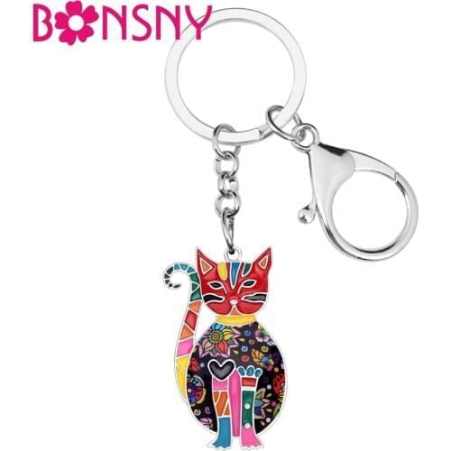 Bonsny Enamel Alloy Floral Elegant Kitten Cat Key Chains Keyring Jewelry For Women Ladies Pendant Bag Car Charms Keychain Bulk