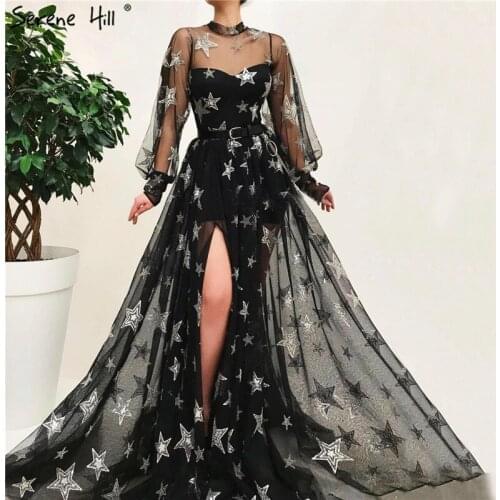 Black Latest Design Sequined A-Line Evening Dresses 2021 Long Sleeves Sexy Tulle Formal Dress Serene Hill LA70084