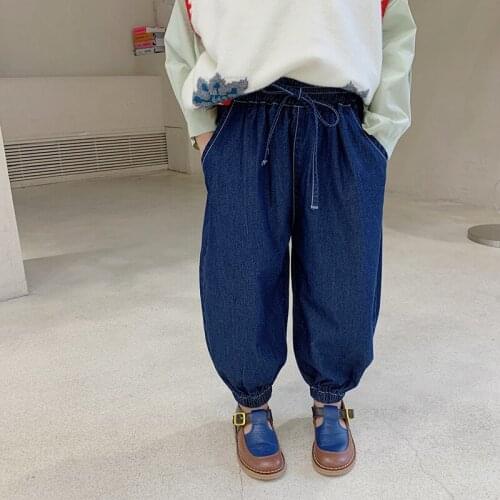 Childrens Pants 2021 Autumn New Boys and Girls Japanese Style Solid Color Lantern Jeans Childrens Fashion Elastic Waist Pants