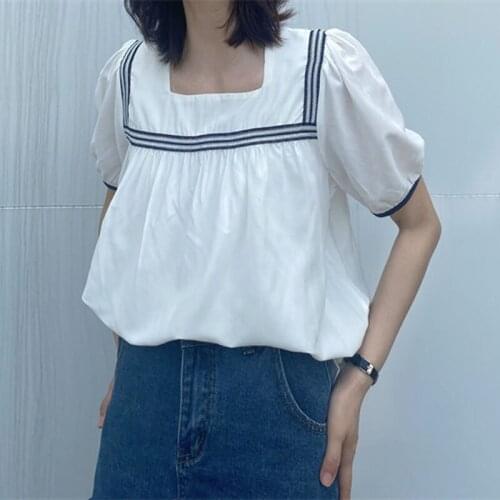 GGROGHT Blusas Mujer 2021 Korean Vogue Chiffon Shirts Women Square Collar Blouses Female Tops Stripe White Summer Woman Clothes