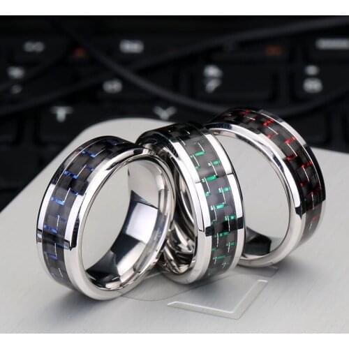 YWSHK Engravable 8 Mm Fashion Black Carbon Fiber Punk Ring Voor Mannen Roestvrij Stalen Ring Bruiloft Heren Sieraden Wholesale