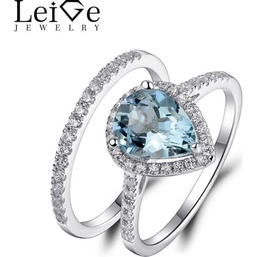 Leige Jewelry Engagement Rings Set Pear Cut Aquamarine Ring Blue Gemstone Sterling Silver Fine Jewelry Wedding Rings for Women