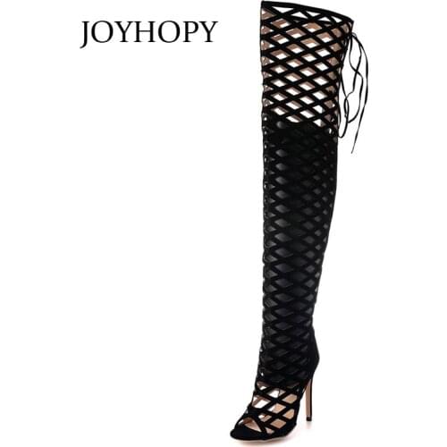 JOYHOPY Summer Sexy Hollow Out Sandals Boots Women Over The Knee Boots High Heels Nubuck Leather Thigh High Shoes Women WB1392