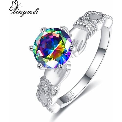 Lingmei Drop Shipping Claddagh Fashion Round Cut Rainbow & Blue & White Cubic Zircon Silver Color Jewelry Ring Size 6-9 Wedding