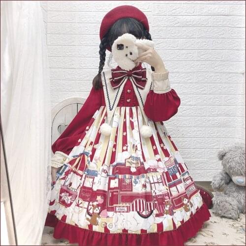 Sweet princess lolita dress vintage falbala bowknot stand high waist cute printing victorian dress kawaii girl gothic lolita op