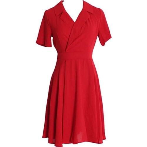 PERHAPS U Chiffon Turn Down Collar Short Sleeve Sash Mini Dress Elegant Work Dress Red Solid D0733