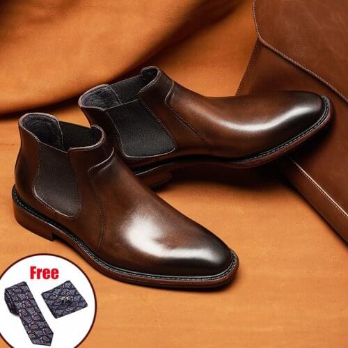 Phenkang Men Winter Genuine Cow Leather Chelsea Boots Brogue Casual Ankle Flat Shoes Comfortable Quality Slipon Dress Boots 2020