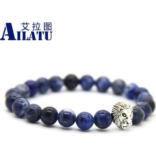 Ailatu New Design High Grade mens Silver Color Lion Head Bracelet Jewelry Made by 8mm Natural Blue Veins Stone Beads as Gift