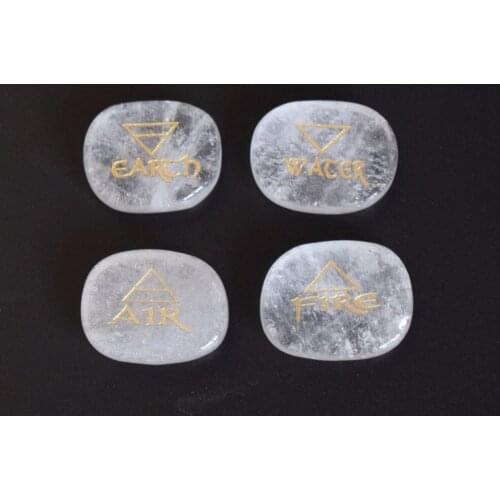 Set of 4 Natural Clear Quartz Healing Crystal Engraved Reiki 4 Elemental of Earth Water Air Fire Palm Stone with a Free Pouch