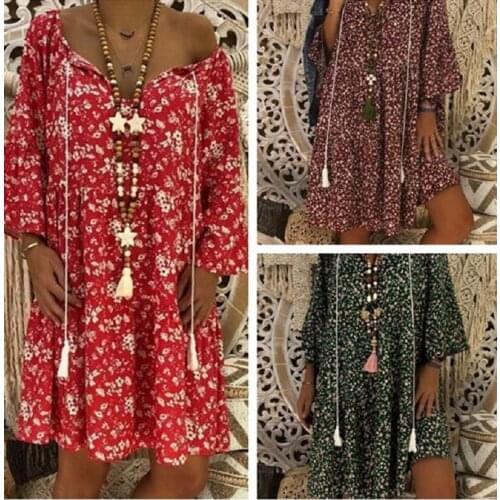 2021 summer new autumn summer print loose dress with nine quarter sleeves and long sleeves