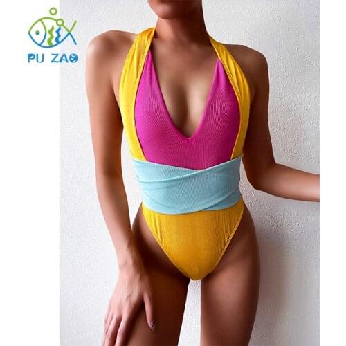 New One-piece Swimsuit Stitching Color Bikini Strap Swimwear High Waist Open Back Knotted Deep V Beach Push-up Sexy Bikini 2021